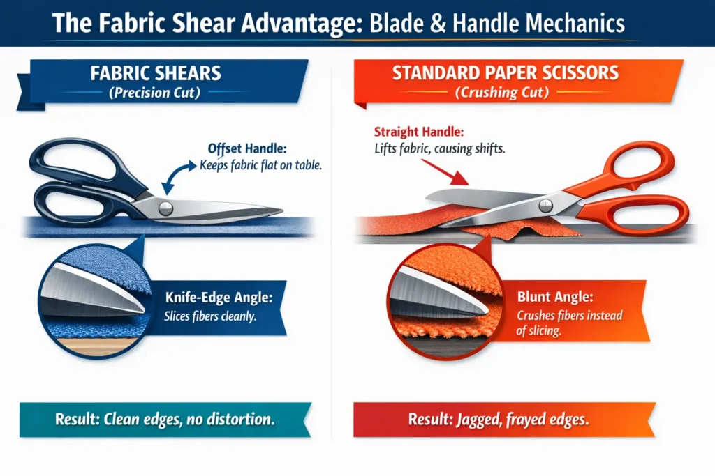 Infographic diagram comparing the blade angle and offset handle of fabric shears versus the blunt angle and straight handle of standard paper scissors. It illustrates how fabric shears create a clean precision cut, while paper scissors crush and lift the fabric, causing jagged, frayed edges.