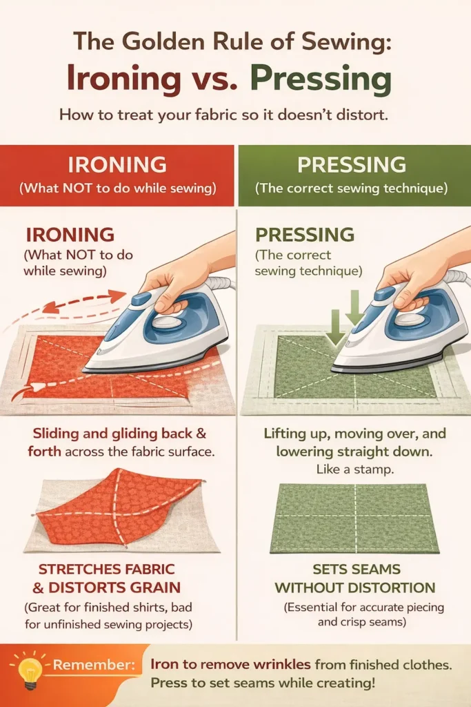 Infographic comparing ironing vs pressing in sewing. The left side illustrates ironing with a sliding motion that distorts fabric grain (red), while the right side shows pressing with a lifting motion that sets seams without distortion (green).