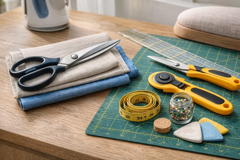 A neatly arranged workspace photograph showing essential fabric tools for beginners, including professional fabric shears, a rotary cutter on a self-healing mat, a fiberglass tape measure, pins, and tailor's chalk on linen fabric.