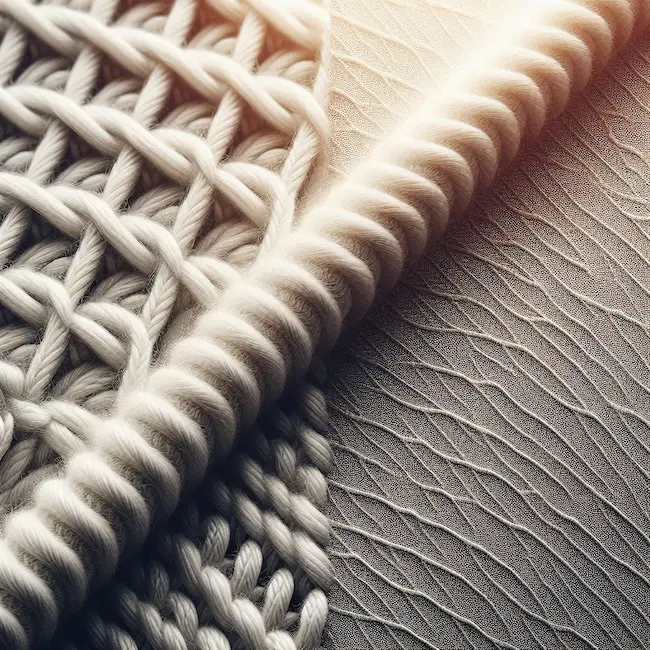 knit vs woven fabric structure showing v shaped loops and grid pattern