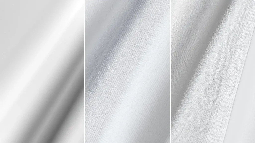 Close-up texture comparison of Poplin, Oxford, and Broadcloth white shirt fabrics