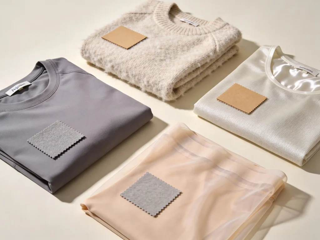 synthetic fabrics guide showing polyester acrylic nylon and spandex materials