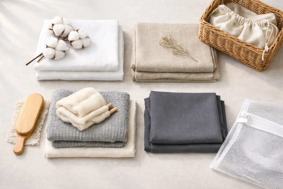 Different fabric materials arranged neatly to show proper fabric care, handling, and maintenance