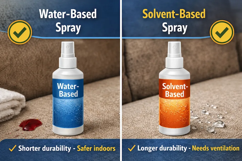 Water-based vs solvent-based fabric protector spray showing how each repels liquid on upholstery fabric